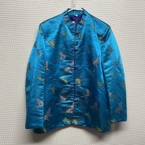 Jackets & Blazers - Vintage Asian Sateen Jacket Cheongsam Blue Butterfly Embroidery Women 40 (3XL)
